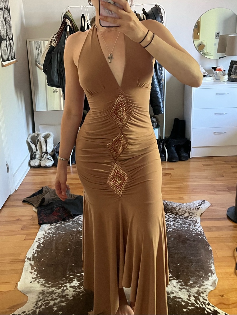 Vizio Sleeveless V-Neck Camel Maxi Dress with Beaded Accents